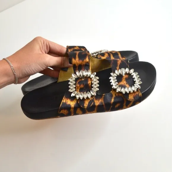 Mystique Crystal Jeweled Slide Sandals Cheetah Print Tan Black Women's 7