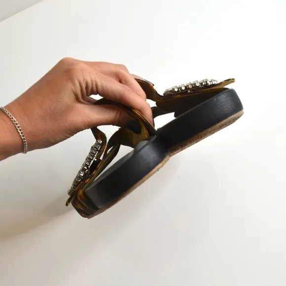 Mystique Crystal Jeweled Slide Sandals Cheetah Print Tan Black Women's 7