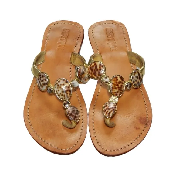 Mystique Gold Leather Tiger Cowrie Shell Beaded Thong Sandals Flip Flops Size 7