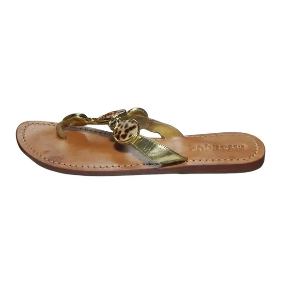 Mystique Gold Leather Tiger Cowrie Shell Beaded Thong Sandals Flip Flops Size 7