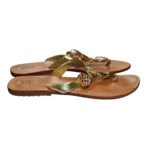 Mystique Gold Leather Tiger Cowrie Shell Beaded Thong Sandals Flip Flops Size 7