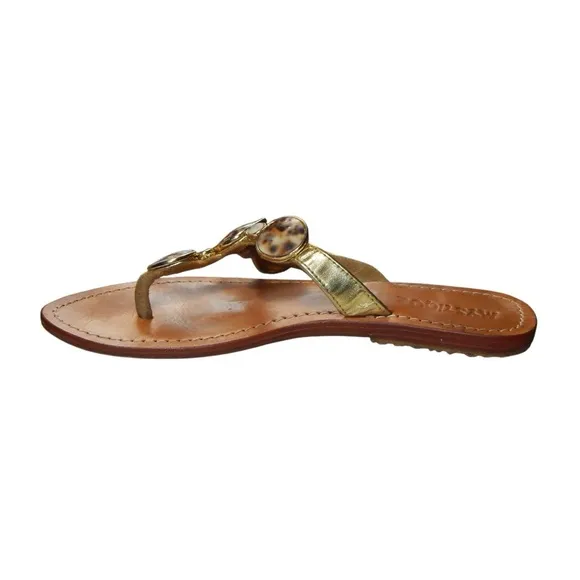 Mystique Gold Leather Tiger Cowrie Shell Beaded Thong Sandals Flip Flops Size 7