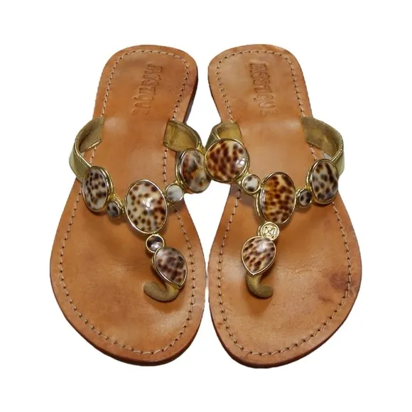 Mystique Gold Leather Tiger Cowrie Shell Beaded Thong Sandals Flip Flops Size 7