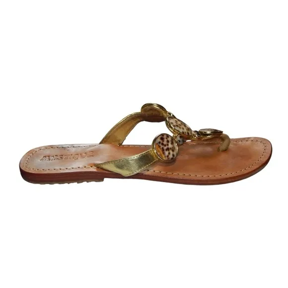 Mystique Gold Leather Tiger Cowrie Shell Beaded Thong Sandals Flip Flops Size 7