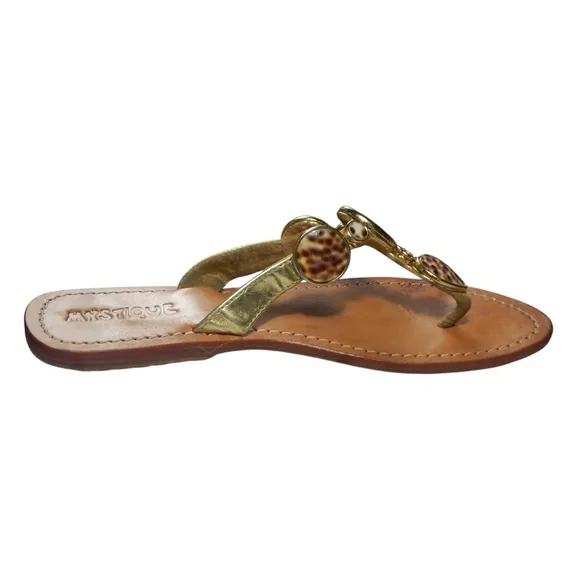 Mystique Gold Leather Tiger Cowrie Shell Beaded Thong Sandals Flip Flops Size 7