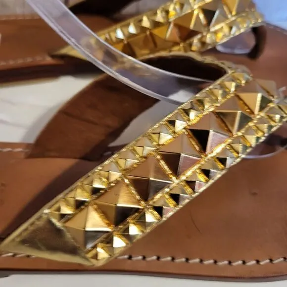 Mystique Gold Leather Rock Stud Flip Flop Thong Sandals sz. 6M MSRP $265