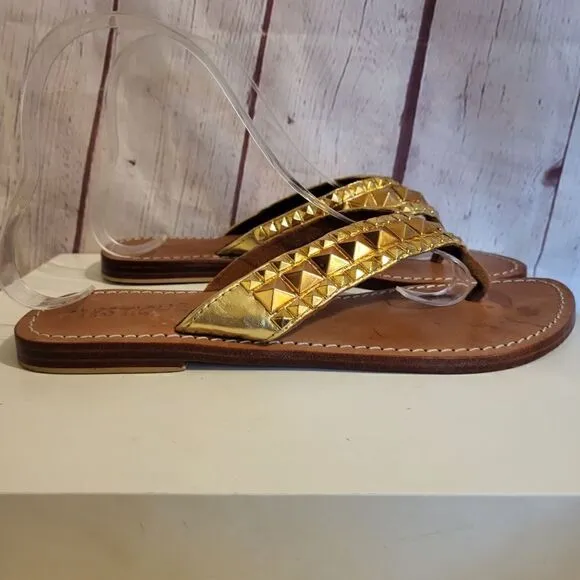 Mystique Gold Leather Rock Stud Flip Flop Thong Sandals sz. 6M MSRP $265