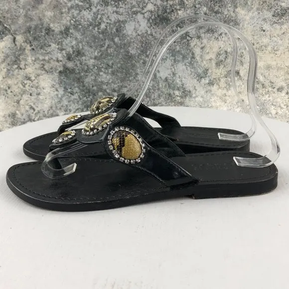 MYSTIQUE Women's Size 6 Black Leather Snakeskin Jeweled Thong Slip On Sandals