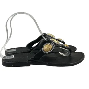 MYSTIQUE Women's Size 6 Black Leather Snakeskin Jeweled Thong Slip On Sandals