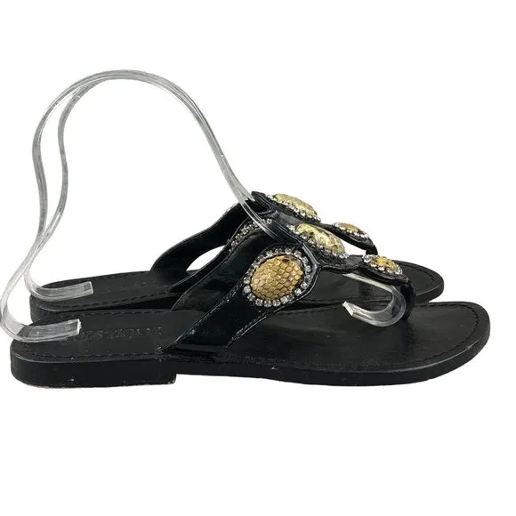 MYSTIQUE Women's Size 6 Black Leather Snakeskin Jeweled Thong Slip On Sandals