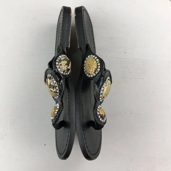 MYSTIQUE Women's Size 6 Black Leather Snakeskin Jeweled Thong Slip On Sandals