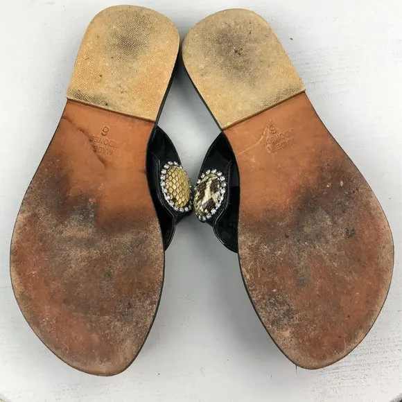 MYSTIQUE Women's Size 6 Black Leather Snakeskin Jeweled Thong Slip On Sandals