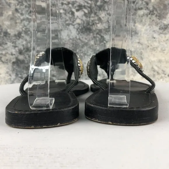 MYSTIQUE Women's Size 6 Black Leather Snakeskin Jeweled Thong Slip On Sandals