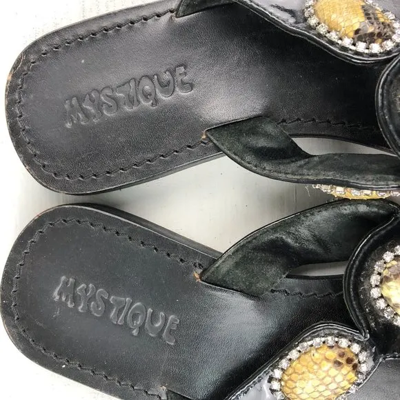 MYSTIQUE Women's Size 6 Black Leather Snakeskin Jeweled Thong Slip On Sandals