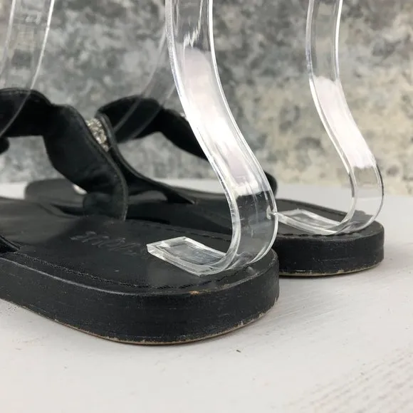 MYSTIQUE Women's Size 6 Black Leather Snakeskin Jeweled Thong Slip On Sandals