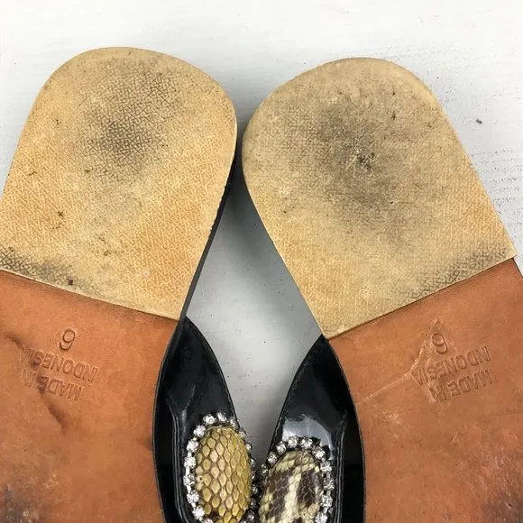MYSTIQUE Women's Size 6 Black Leather Snakeskin Jeweled Thong Slip On Sandals