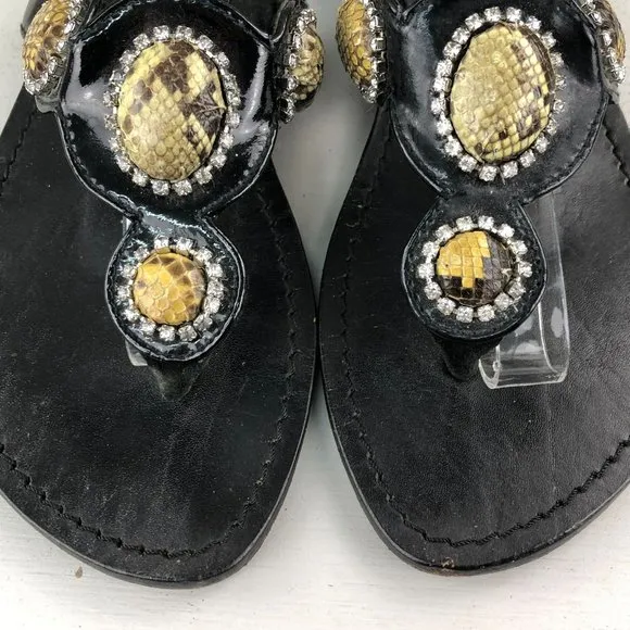 MYSTIQUE Women's Size 6 Black Leather Snakeskin Jeweled Thong Slip On Sandals
