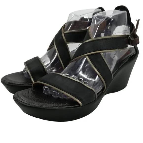 Naot Gesture Black Leather Strappy Wedge Sandals Size 42 11-11.5 Comfort