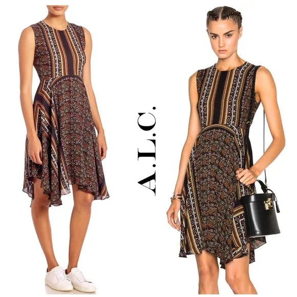 NEW A.L.C. Silk-Crepe Scarf Print Sleeveless Dress Size 2