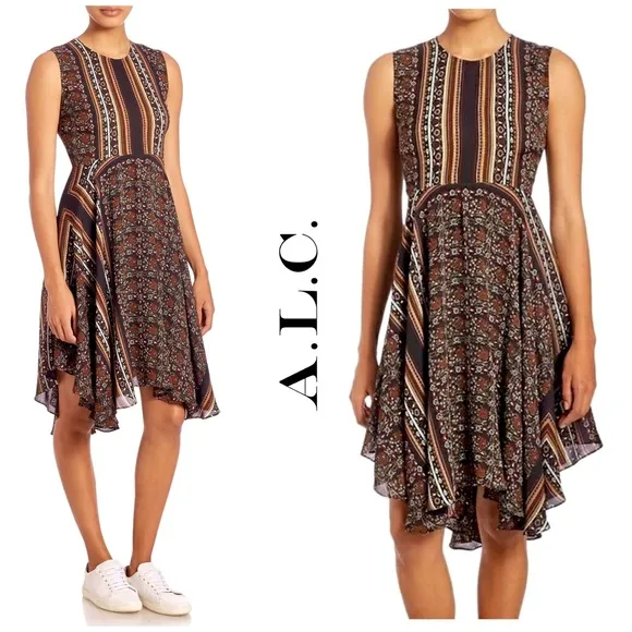 NEW A.L.C. Silk-Crepe Scarf Print Sleeveless Dress Size 2