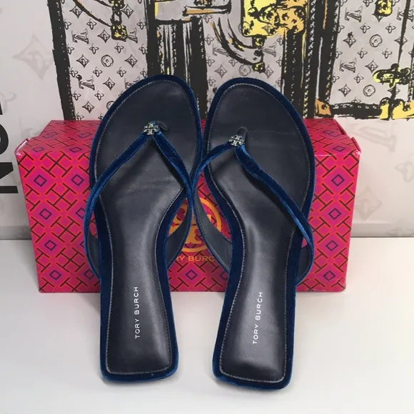 New Authentic Tory Burch Blue Velvet Sandals