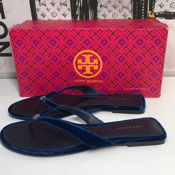 New Authentic Tory Burch Blue Velvet Sandals
