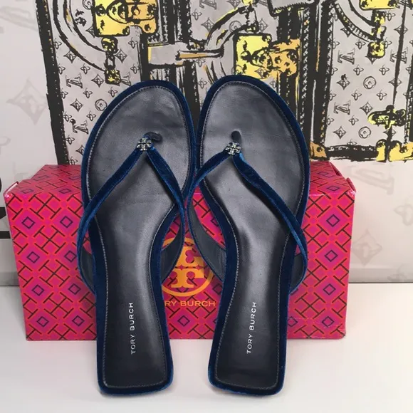 New Authentic Tory Burch Blue Velvet Sandals