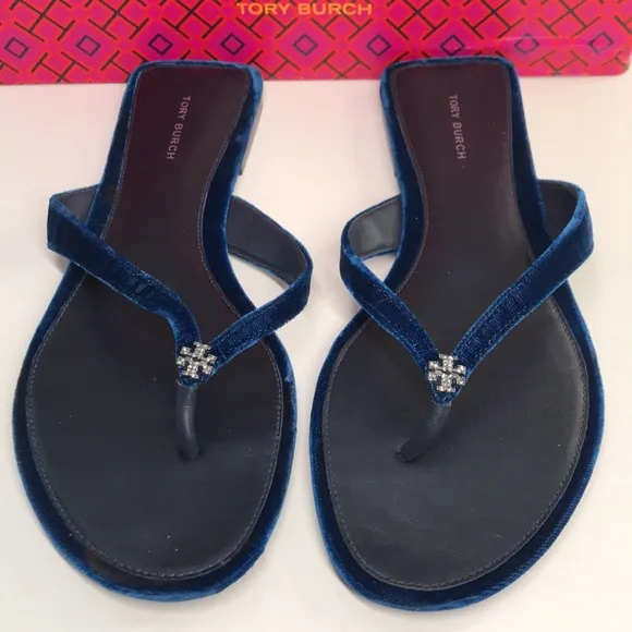New Authentic Tory Burch Blue Velvet Sandals