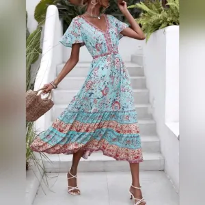 New Bohemian Floral Ruffle Hem Short Sleeve Long Dress Blue Pink