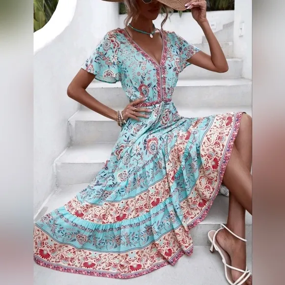 New Bohemian Floral Ruffle Hem Short Sleeve Long Dress Blue Pink