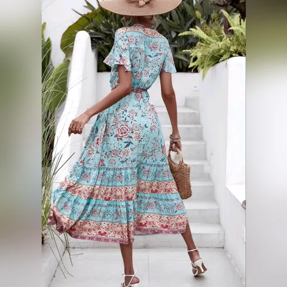 New Bohemian Floral Ruffle Hem Short Sleeve Long Dress Blue Pink