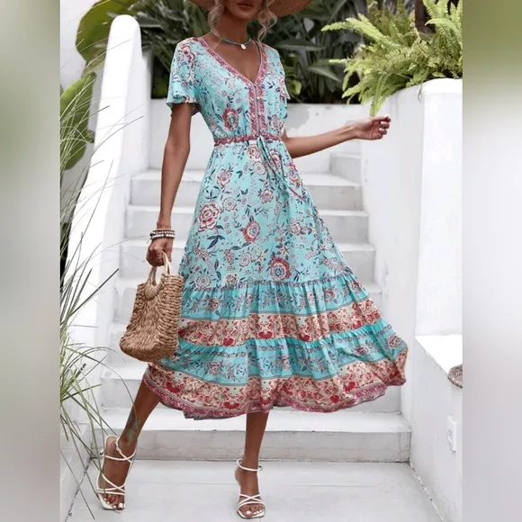 New Bohemian Floral Ruffle Hem Short Sleeve Long Dress Blue Pink
