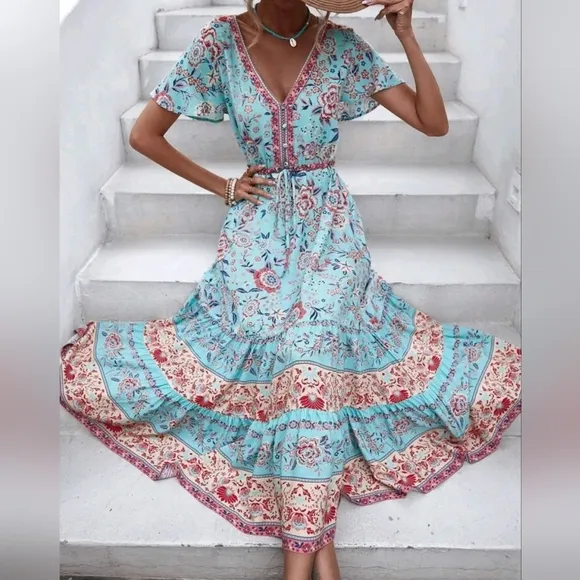 New Bohemian Floral Ruffle Hem Short Sleeve Long Dress Blue Pink
