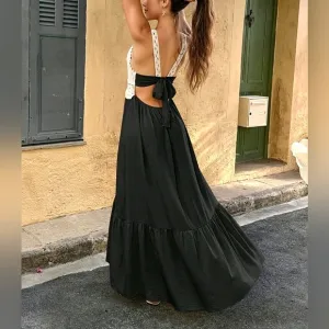 New Boho Crochet Lace Tie Back Tiered Maxi Dress Tan Khaki Beige Black