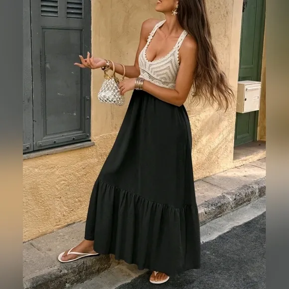 New Boho Crochet Lace Tie Back Tiered Maxi Dress Tan Khaki Beige Black