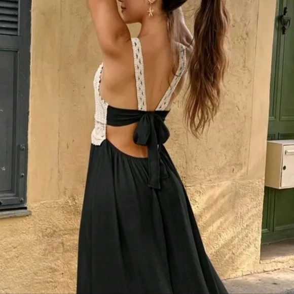New Boho Crochet Lace Tie Back Tiered Maxi Dress Tan Khaki Beige Black