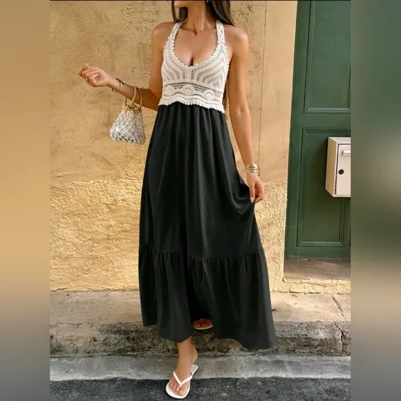 New Boho Crochet Lace Tie Back Tiered Maxi Dress Tan Khaki Beige Black