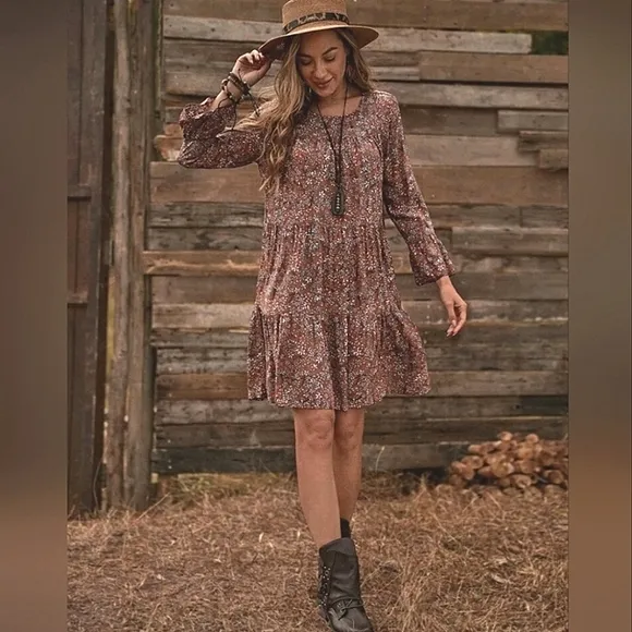 New Boho Floral Mini Dress Tiered Ruffle Mini Burgundy Red Brown White