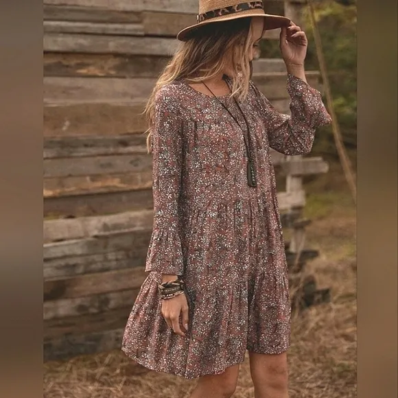 New Boho Floral Mini Dress Tiered Ruffle Mini Burgundy Red Brown White