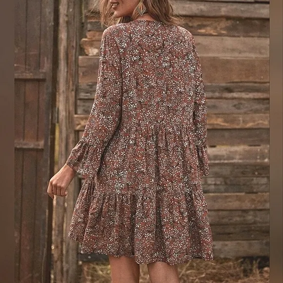 New Boho Floral Mini Dress Tiered Ruffle Mini Burgundy Red Brown White