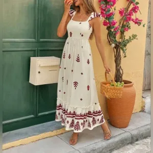 New Boho Floral Print Ruffe Long Dress Red Cream Beige