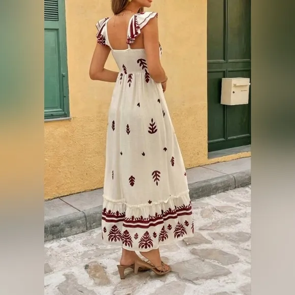 New Boho Floral Print Ruffe Long Dress Red Cream Beige