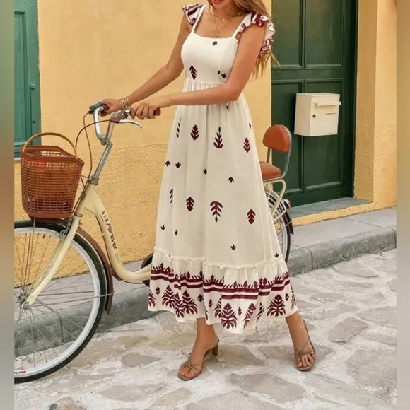 New Boho Floral Print Ruffe Long Dress Red Cream Beige
