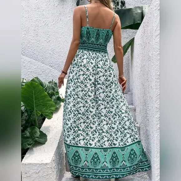 NEW Boho Floral Print Smocked Maxi Cami Dress White Green
