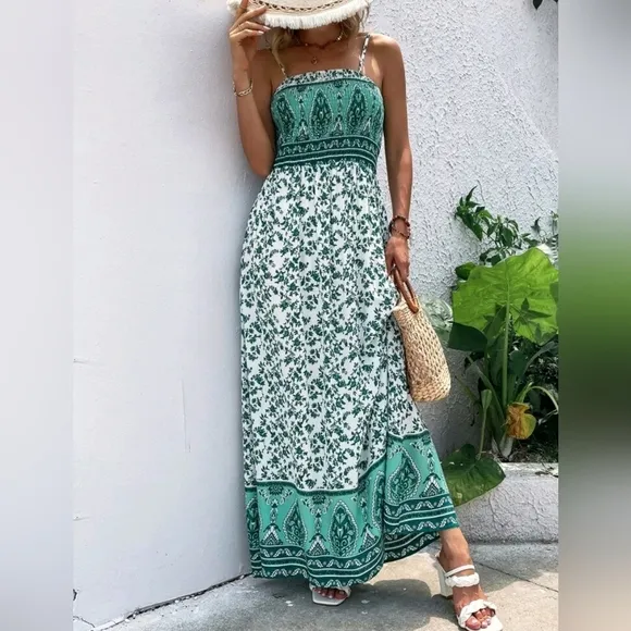 NEW Boho Floral Print Smocked Maxi Cami Dress White Green