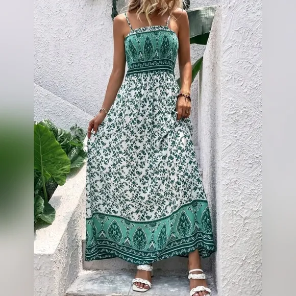 NEW Boho Floral Print Smocked Maxi Cami Dress White Green