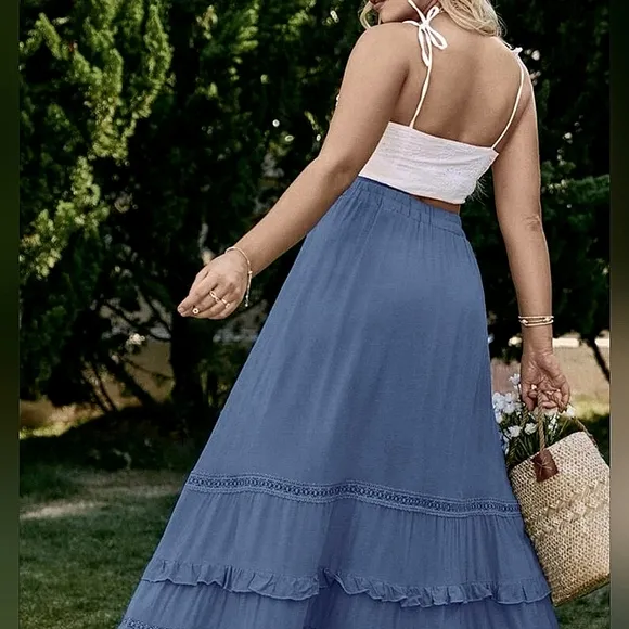 New Boho Flowy Ruffle Lace Long Skirt Blue
