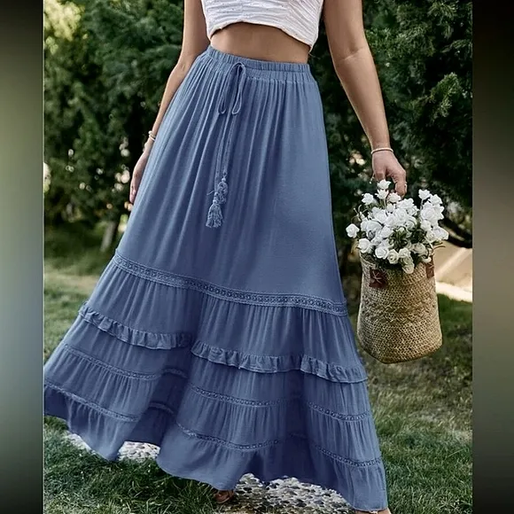 New Boho Flowy Ruffle Lace Long Skirt Blue