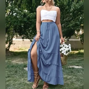 New Boho Flowy Ruffle Lace Long Skirt Blue