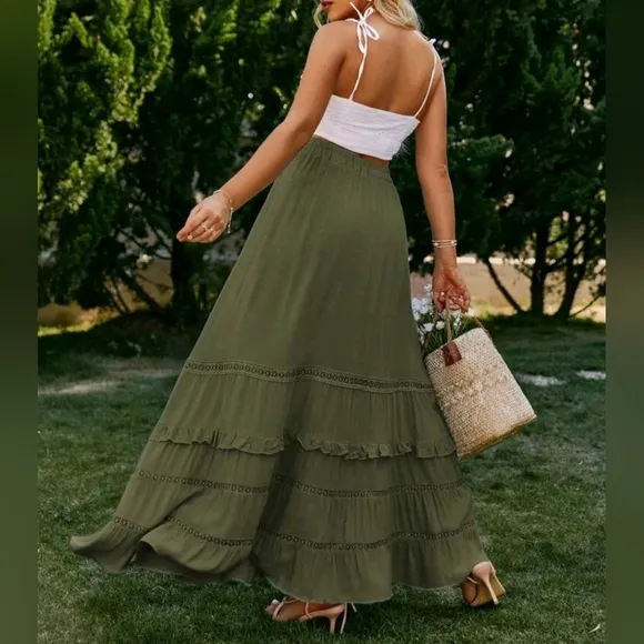 New Boho Flowy Ruffle Lace Long Skirt Olive Green